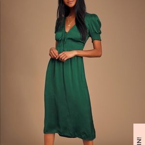 Lulus Lille Green Satin Smocked Midi Dress